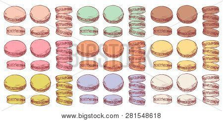 Set Of Delicious Hand Drawn French Macarons In Different Positions And Colors. Engraving Style Pen P