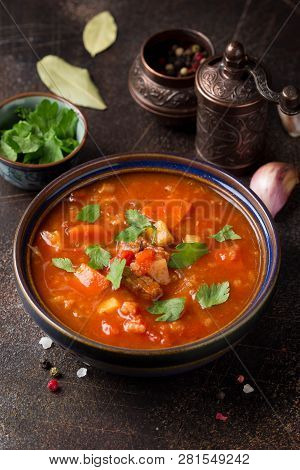 Thick Tomato Soup With Meat, Cereals And Vegetables. Traditional Oriental Cuisine, Spicy Stew With B