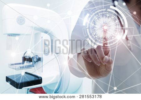 Female Doctor With Stethoscope Hand Pointing Touching Technology Digital Hologram Button With Mammog