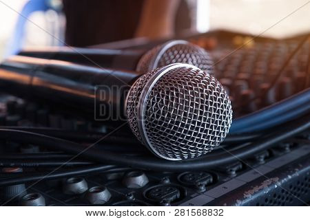 Microphone On Recording Studio Prepare Fot Speech In Seminar Room Or Speaking Conference Hall Light 