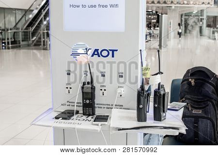 Bangkok, Thailand - September 15,2017: Travelers Use Smartphone For Charger Corner Free Charge Appli