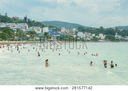 Bombinhas - Sc, Brazil - December 21, 2018: View Of Praia De Bombinhas Beach On A Sunny Day. Season 