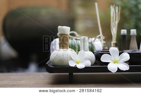 Spa Massage Compress Balls, Herbal Ball On The Wooden With Treaments Spa , Thailand, Select Focus