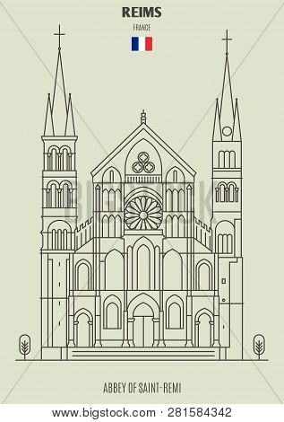 Abbey Of Saint-remi In Reims, France. Landmark Icon In Linear Style