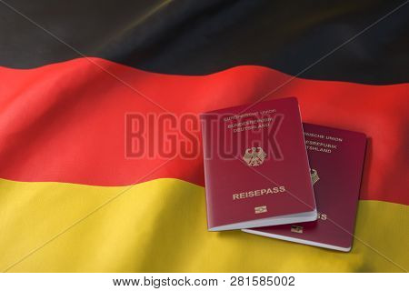 Passport of Germany on the flag of the Germany. Getting a Germnay passport,  naturalization and immigration concept. 3d illustration