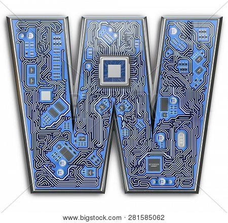 Letter W.  Alphabet in circuit board style. Digital hi-tech letter isolated on white. 3d illustration