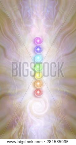 Kundalini Stack Of Spiralling Chakras - Against A Pink Gold Radiating Ethereal Energy Field Seven Ra