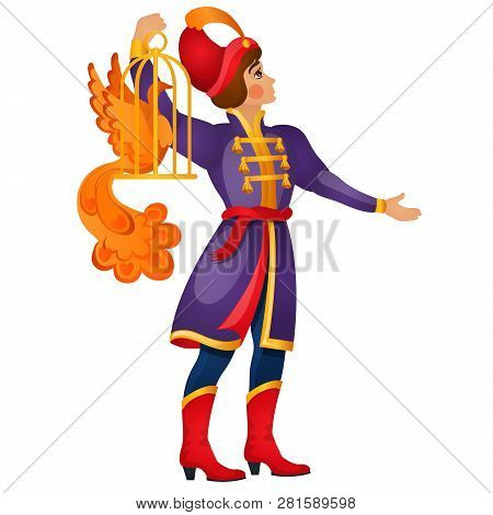 A Young Fairy Tale Man Carries A Fiery Bird In A Cage Isolated On White Background. Vector Cartoon C