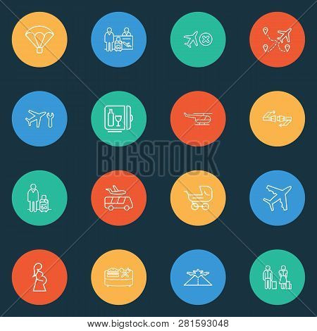 Airport Icons Line Style Set With Minibar, Plane Highway, Helicopter And Other Close Elements. Isola