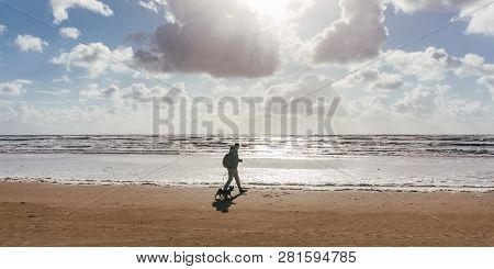 Man And His Dog Walking At The Beach At Sunset Or Sunrise.