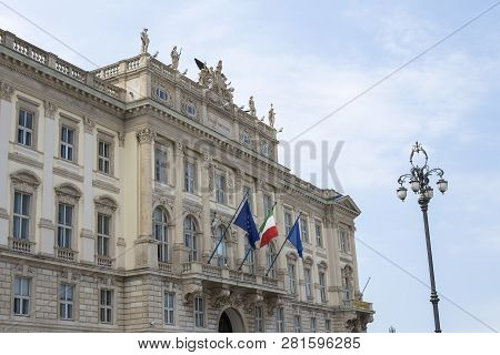 Trieste, Italy - July 1, 2017: Detail Of Italia Marittima Building In Trieste, Italy. Is A Shipping 