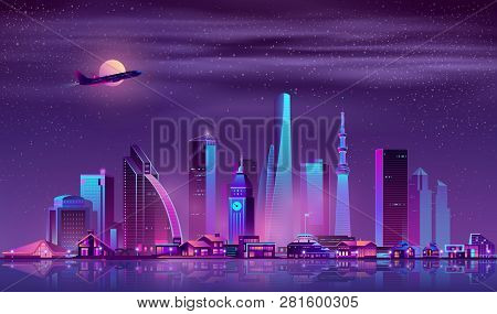 Modern Metropolis Night Landscape With Illuminated Vintage And Futuristic Architecture Buildings In 