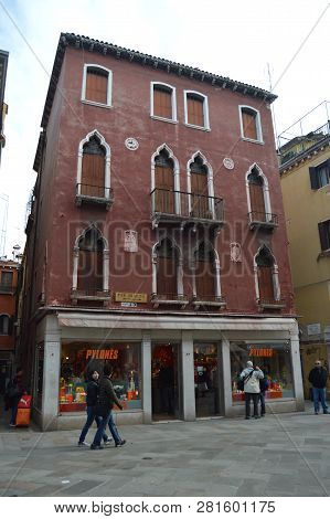 Beautiful Bordeaux Venetian Building Style On The Strada Nova In Venice. Travel, Holidays, Architect