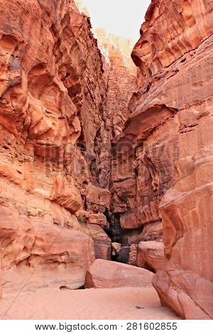 Entrance To The Khazali Canyon On Wadi Rum Desert.
