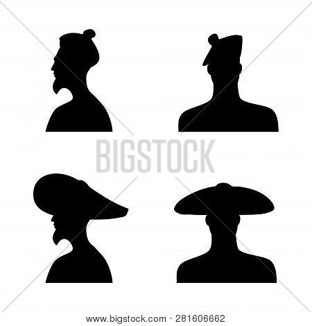Human Head Silhouettes In Different Hats. Set 1