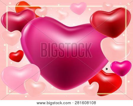 Valentines Day Background With Pink, Purple, Perl Hearts And Shine Borders. Beautiful Abstract Backg