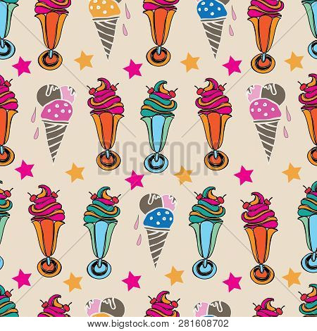 Ice Cream Delight-sweet Dreams Seamless Repeat Pattern Illustration . 60 S Style Background In Pink,