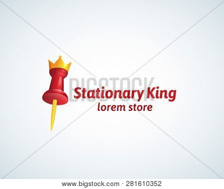 Stationary King Absrtract Vector Sign, Symbol Or Logo Template. Red Pin With A Golden Crown Realisti
