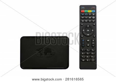 Iptv Box And Remote Controller. Modern Multimedia Device For Viewing Television Via The Internet, Mu