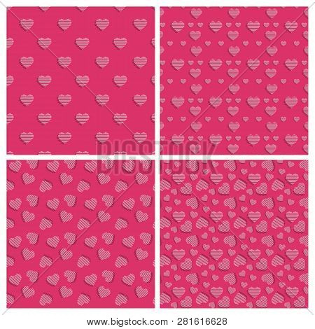 Set Of 4 Seamless Repeat Patterns With Hearts. White Striped Hearts With Dark Red Shadow On A Bright
