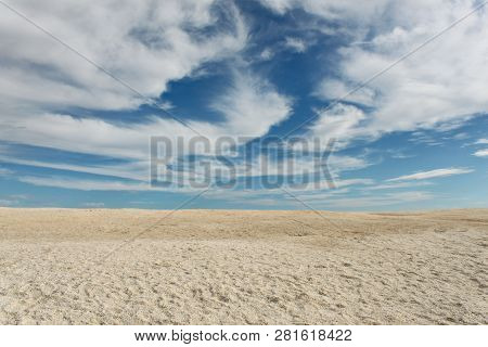 Long Long Shell Beach In Shark Bay In Western Australia. Blue Sky With Beautiful White Clouds. Blue 