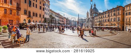 Rome, Italy - November 18, 2018: Wide Panorama Of Piazza Navona Square Full Of Famous Fountains, Att