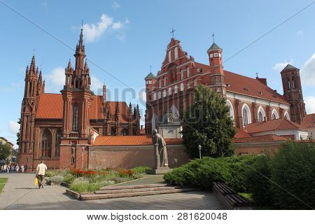 Square With Church Of St. Anna In Vilnius And In Front Of The Church Ther Is  Monument Of Adam Micki