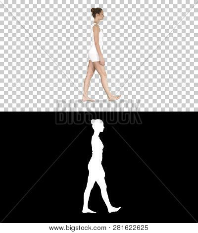 One Female Walking Barefoot In White Clothes, Alpha Channel