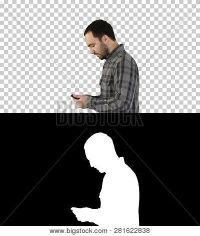 Young Smart Casual Business Man Reading Message On Cell Phone, Alpha Channel