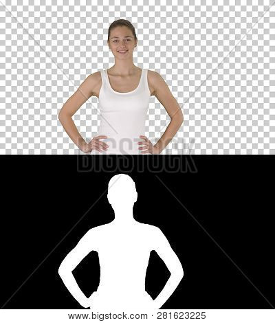 Satisfied Confident Active Healthy Woman In Sports Clothing With Hands On Hips Walking, Alpha Channe