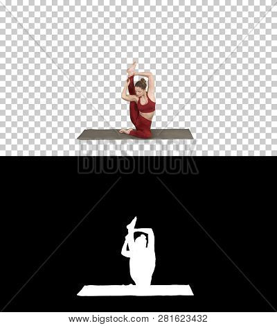 Sporty Yogi Girl Doing Fitness Practice, Stretches, Yoga Asana Parivritta Kraunchasana, Alpha Channe