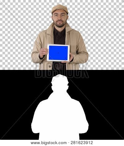 Man Walking And Holding Tablet With Blue Screen Mockup, Alpha Channel