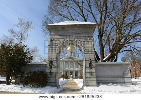 New Hampshire State House In Winter, Concord, New Hampshire, Usa. New Hampshire State House Is The N