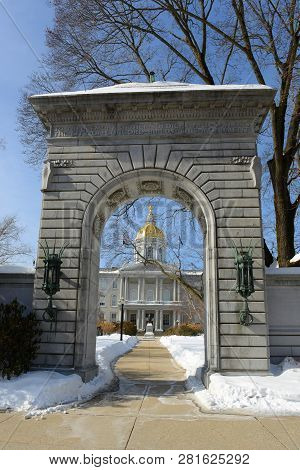 New Hampshire State House In Winter, Concord, New Hampshire, Usa. New Hampshire State House Is The N