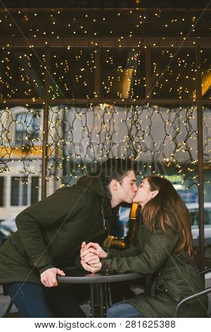 Theme Love Holiday Valentines Day. Pair College Students, Caucasian Heterosexual Lovers In Winter, S