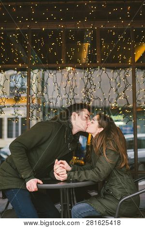 Theme Love Holiday Valentines Day. Pair College Students, Caucasian Heterosexual Lovers In Winter, S