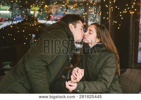 Theme Love Holiday Valentines Day. Pair College Students, Caucasian Heterosexual Lovers In Winter, S