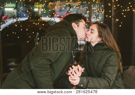 Theme Love Holiday Valentines Day. Pair College Students, Caucasian Heterosexual Lovers In Winter, S