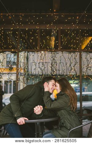 Theme Love Holiday Valentines Day. Pair College Students, Caucasian Heterosexual Lovers In Winter, S