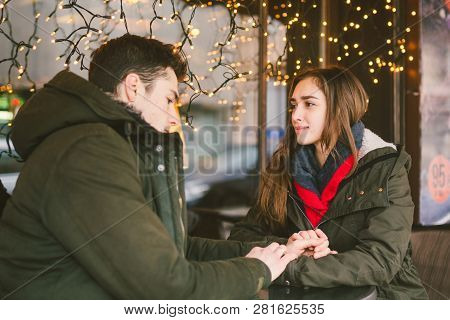 Theme Love Holiday Valentines Day. Pair College Students, Caucasian Heterosexual Lovers In Winter, S