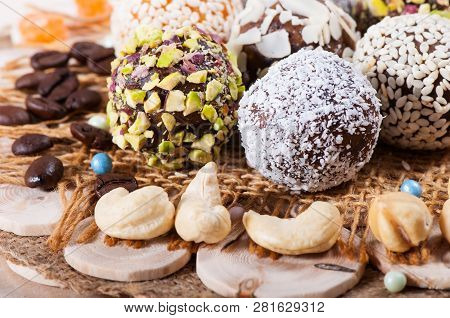 Candies From Sweet Dates And Nuts, Sweets From The East. Fitness Food.
