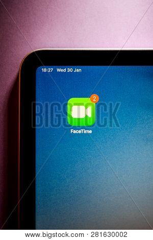 Paris, France - Jan 31, 2018: Macro Detail Of Apple Ipad Pro With Facetime App Icon On The Display W