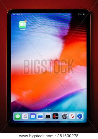 Paris, France - Jan 31, 2018: Above View Of New Ipad Pro With Facetime App Icon On The Display - The