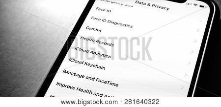 Paris, France - Jan 30, 2018: Data And Privacy Contracts In The Menu Of A New Apple Iphone Xs Smartp