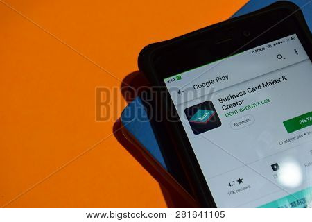 Bekasi, West Java, Indonesia. February 1, 2019 : Business Card Maker & Creator Dev App On Smartphone