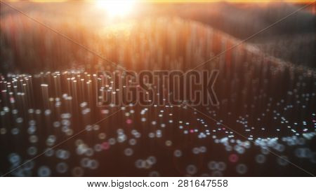 Abstract City Of 3d Optical Fiber. Camera Movement On Abstract Realistic Glowing 3d Illustration