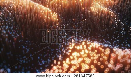 Abstract City Of 3d Optical Fiber. Camera Movement On Abstract Realistic Glowing 3d Illustration
