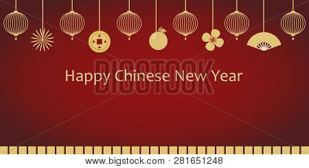 Happy Chinese New Year. Gold Pattern On Red Background. Vector