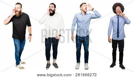 Collage of group of young men over white isolated background shouting and screaming loud to side with hand on mouth. Communication concept.