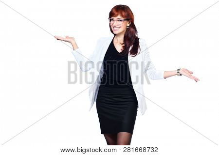 A portrait of a beautiful woman wearing classic clothes and posing over the white background in the studio. Beauty, fashion, business.